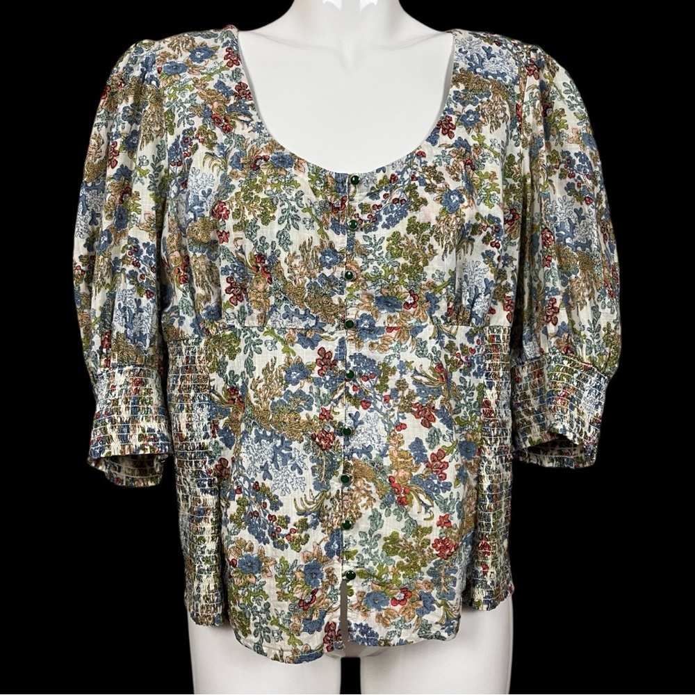 Anthropologie Cotton Floral Bohemian Button Down Puff Sleeve Smocked Top XL